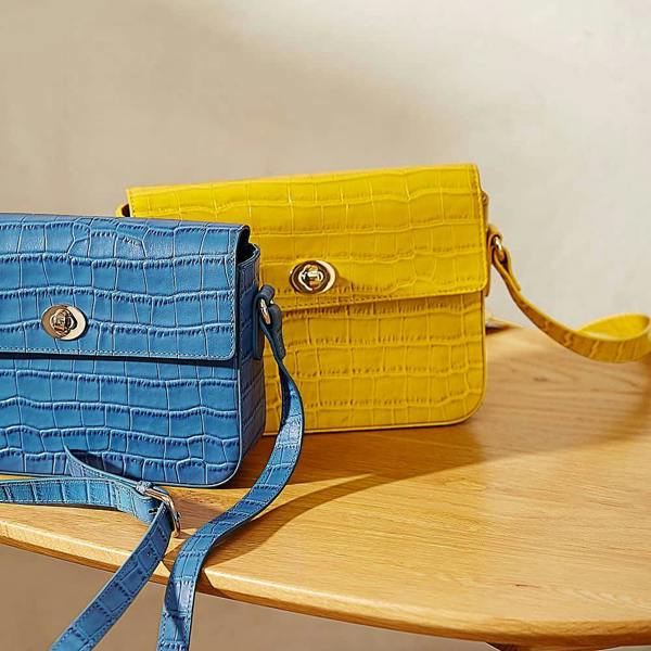 Pia Yellow Croc-Embossed Leather Cross-Body Bag, Slim Satchel with Gold