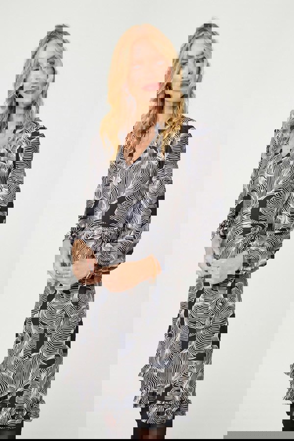 Beige | Abstract Ruffled Tie Waist Knee Length Dress
