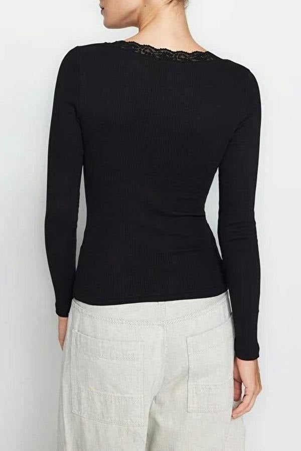 WOVCOR V-Neck Lace Detail Ribbed Cotton Stretch Knit Blouse