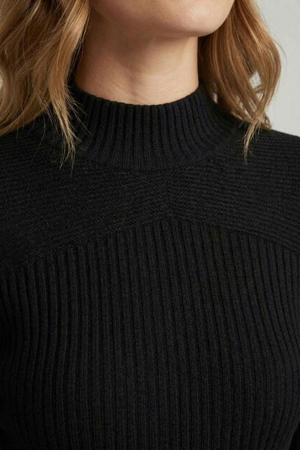 Black | Striped Texture High Neck Slim Knit Top
