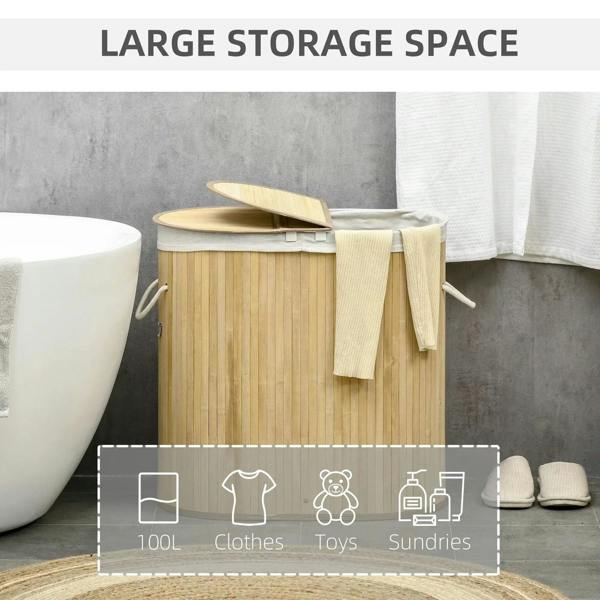 Natural bamboo laundry hamper with round lid and front rope handles