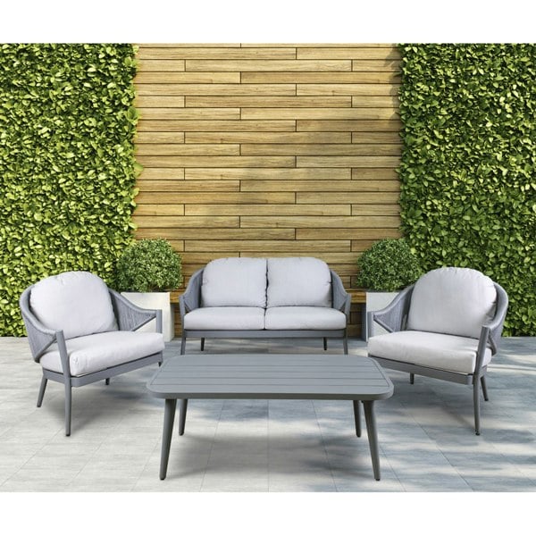 Premium 4 Seater Garden Coffee Table Set 4pc Grey Aluminium Sofa Chair Cushions - LoopsDirect