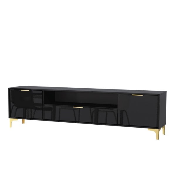 Mex Furniture Luxury 200cm Black High Gloss TV Unit with Gold Finish Accents Sleek Stand Cabinet