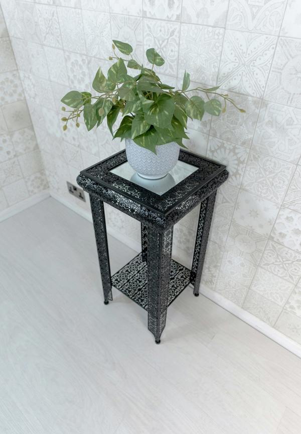 Downton Interiors Black Embossed Metal Mirrored Glass Side Table with Shelf - Agadir range