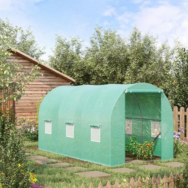 Bobobiy 4 x 2 m Polytunnel Greenhouse with Roll-up Door and 6 Mesh Windows, Green, 4 x 2 x 2 m