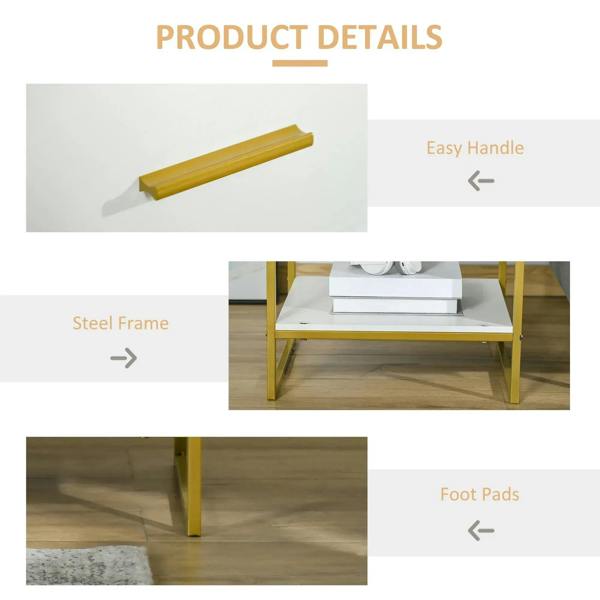 Bedside table with gold handle, steel frame design, and non-slip foot pads.