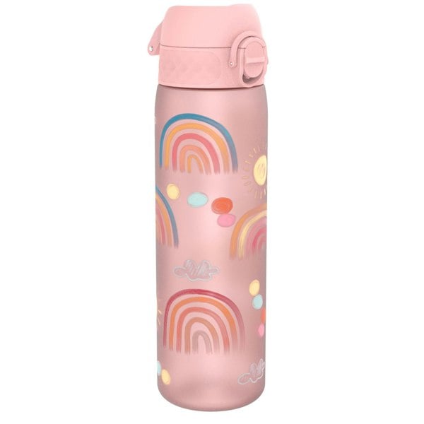 A pink water bottle, adorned with rainbow and sun designs, stands against a white background.