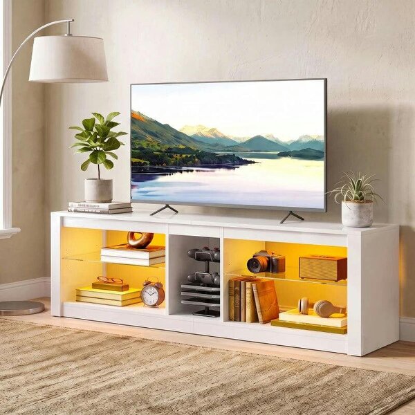 TV Stand Cabinet with LED Lights and Remote Control for TVs up to 65", Entertainment Centre with Storage Shelves, White