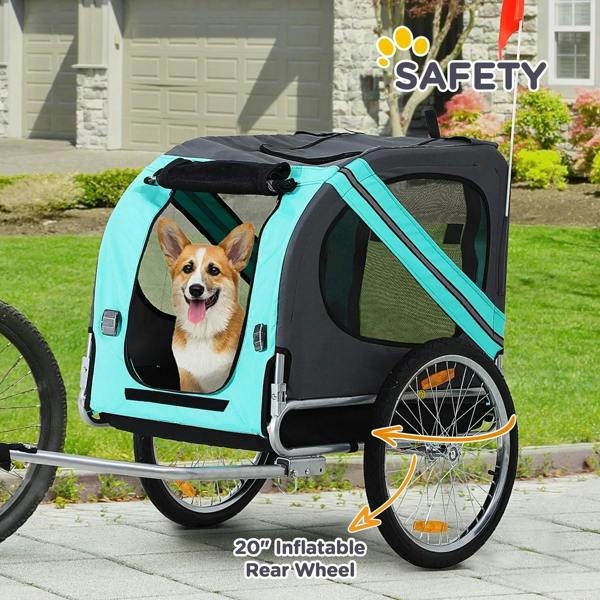 Light blue dog bike trailer with black mesh doors, inflatable rear wheel, and red flag