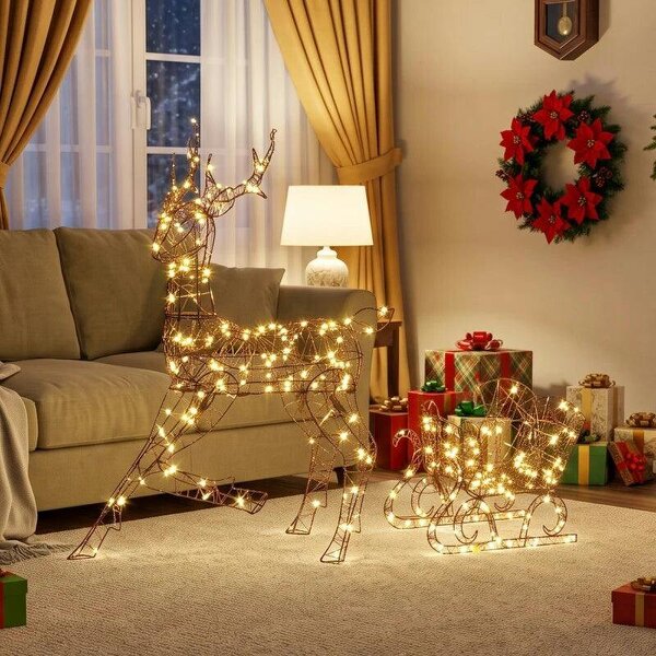 Bobobiy Lighted Reindeer and Sleigh Set, 2-Piece PP Rattan Outdoor Christmas Decoration with LEDs, 8 Modes, Daily Timer
