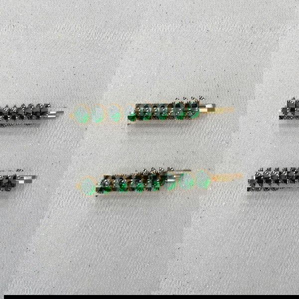 Green hair slides, gold tone grips, round green crystal embellishments, slim bar design, sparkling decorative hairpins, vintage inspired style, elegant hair accessory set, gift for her
