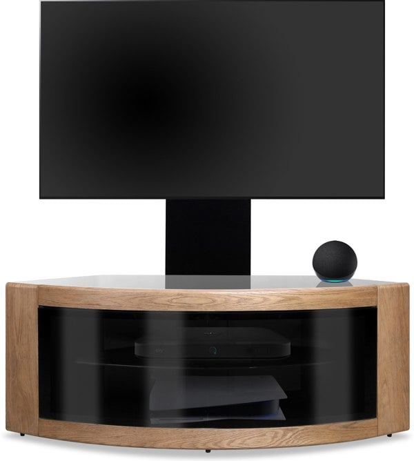 Centurion Supports PANGEA Black/Oak Beam-Thru Curved True-Corner 32"-50" TV Cabinet with Mounting Arm