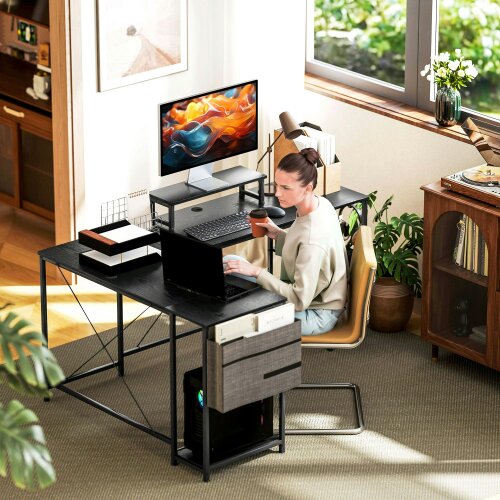 Wyld Haus Kadoso 168cm Black Reversible Industrial L Shaped Desk With Adjustable Shelves And Monitor Stand