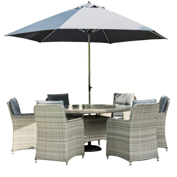 Oseasons Hampton Rattan 6 Seat Dining Set in Champagne with 3m Parasol and Base