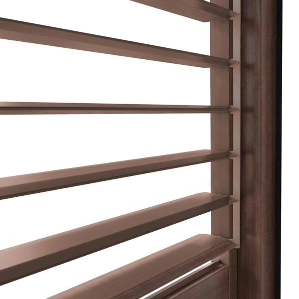 Wood effect aluminium pergola shutter panel with horizontal slats, showcasing a rich brown finish and smooth texture, 123cm wide