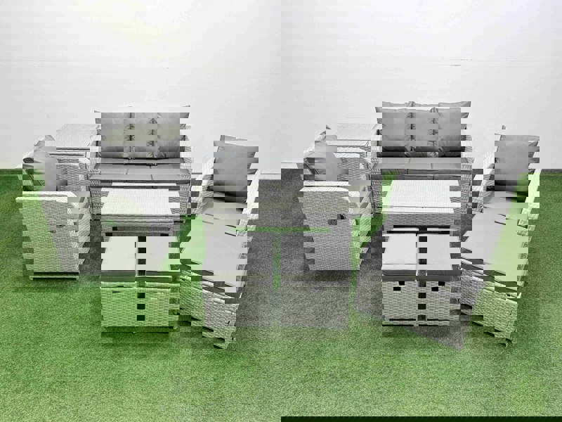 Fimous PE Rattan Garden Furniture Set Reclining Chair Sofa Lounge Sofa Set Rectangular Coffee Table Side Table 3 Stools Light Grey