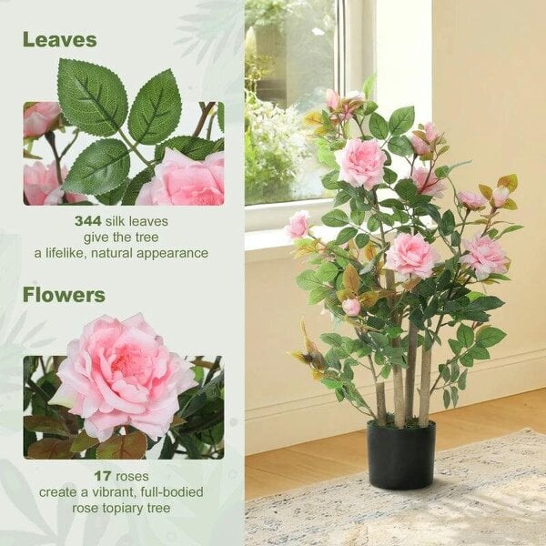 90cm Artificial Rose Tree, Decorative Fake Plant with 344 Silk Leaves 17 Flowers for Outdoor Indoor Decor, Pink