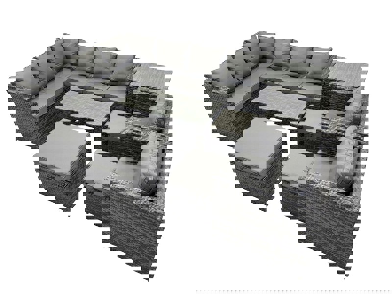 Fimous 9 Pieces Outdoor PE Rattan Garden Furniture Corner Sofa Oblong Coffee Table Set with Cushions 3 Footstools Side Table Dark Grey Mixed