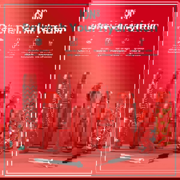 Several red water bottles, of varying sizes and designs, are displayed on a red background. Choose from 3 different materials. Sizes to suit any user. Hundreds of designs to choose from. Shop our wide range of accessories.