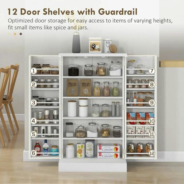 White kitchen cupboard with multiple small door shelves for spices, jars, and tins