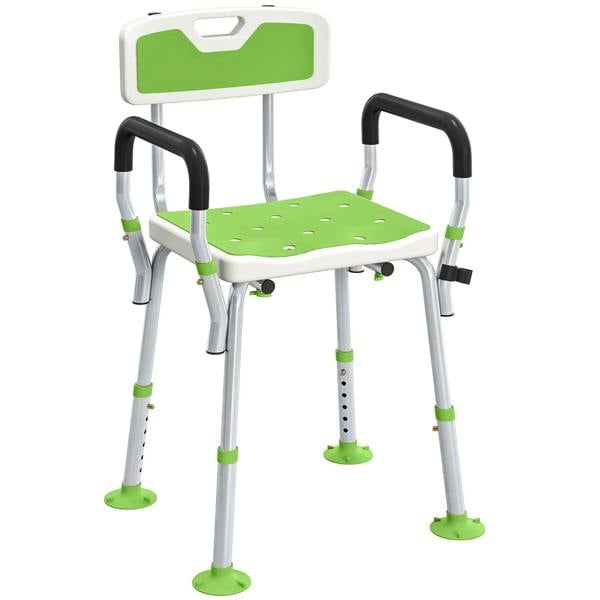 Height-adjustable padded shower chair with back and arms, green seat and white frame