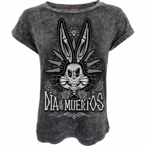 Looney Tunes Womens Muertos Bugs Bunny Turn Up T-Shirt - Black