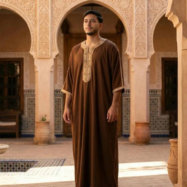 Men's Half Sleeve Embroidery Moroccan Thobe - Brown Beige - Thobez - 15