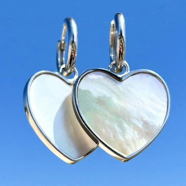 SIlver heart charm hoop earrings with mother-of-pearl by LENAE London.