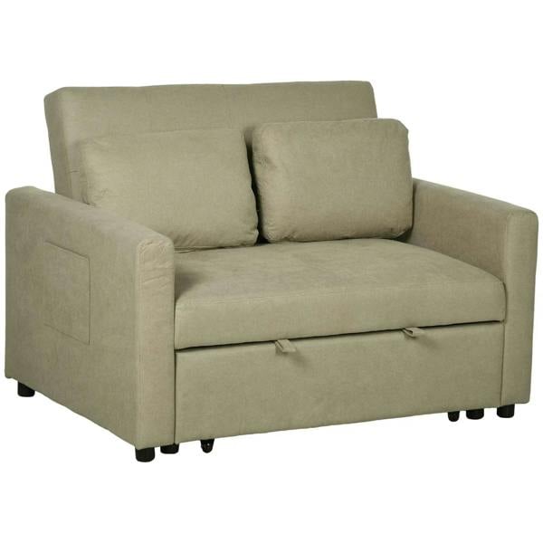 Light brown convertible loveseat sofa bed with two back cushions and padded armrests