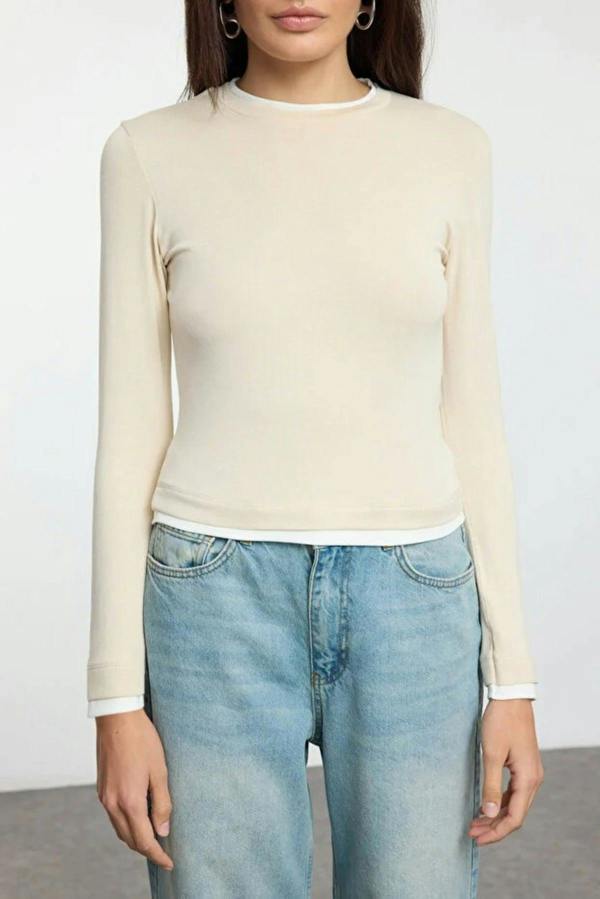 WOVCOR Color Block Fitted Knit Blouse