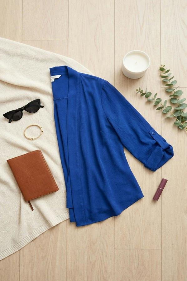 Vivian Open Front Roll Up Sleeve Cardigan - Royal