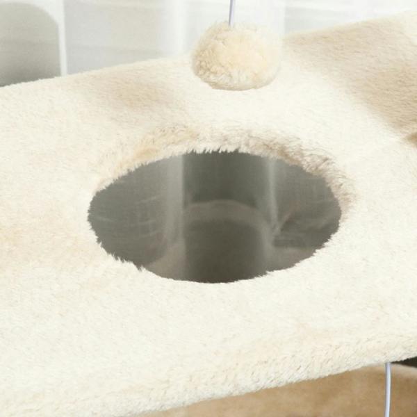 Cat tree plush tunnel opening on a round platform with dangling toy above