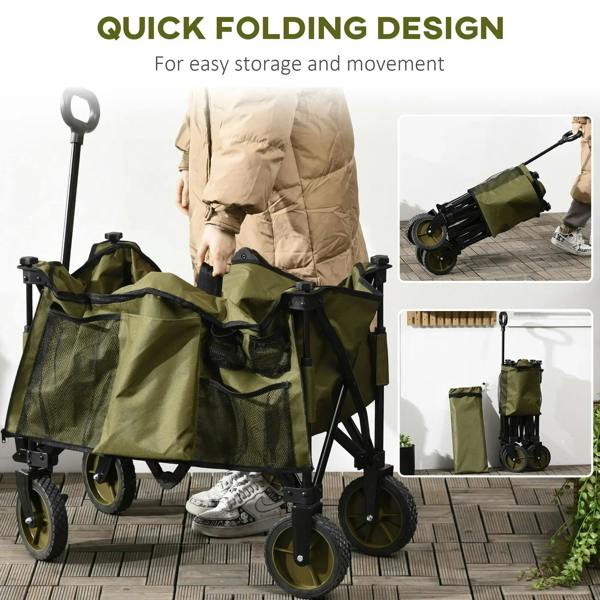 Green folding camping trolley with fabric cargo panels and quick-fold frame