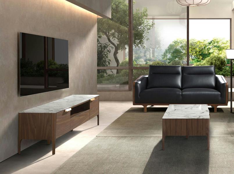 Angel Cerdá Walnut TV Stand With Imitation Marble Glass Top 3078