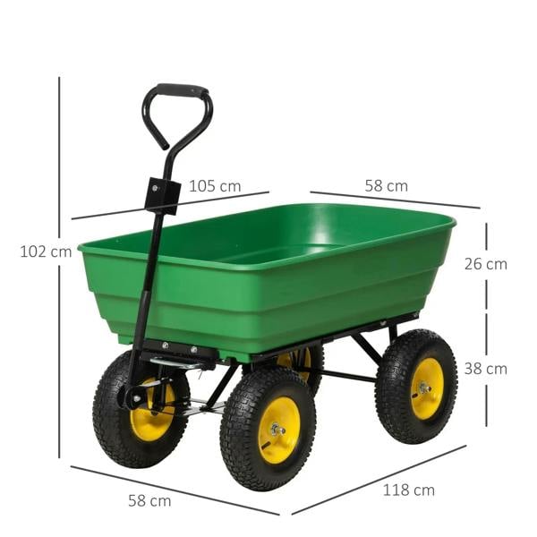 Green 4-wheel dump garden cart with black handle and yellow wheels