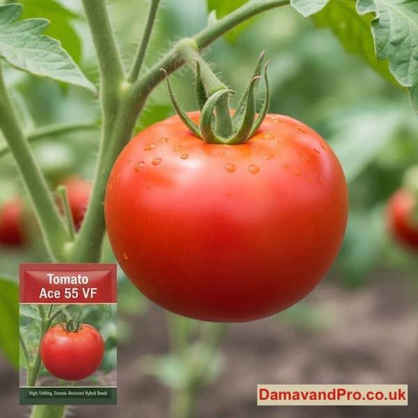 Cluster of ripe, bright red Ace 55 VF tomatoes hanging on a vibrant green vine.