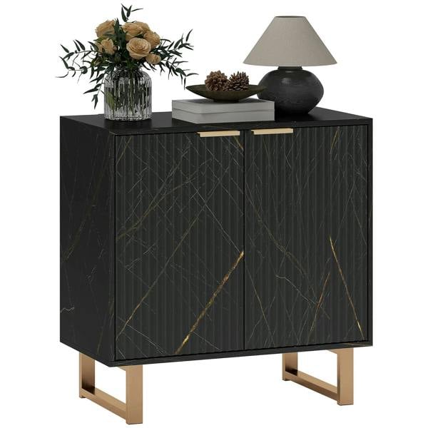 Black sideboard cabinet with geometric pattern, two doors, gold-tone handles, and legs