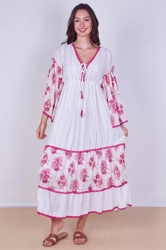 Bohemian Tiered Maxi Dress – Flowy Viscose Elegance - Hot Pink - Onesize (8-14)