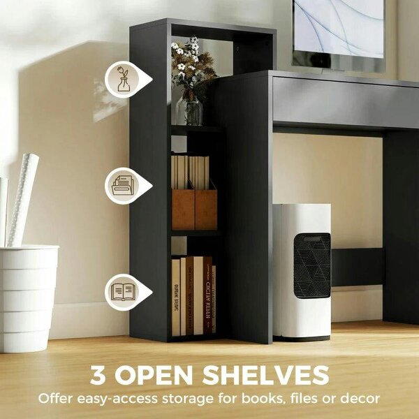 Desk with Storage, Computer Desk with 3 Open Shelves and Drawer, Workstation, Computer Table, Black