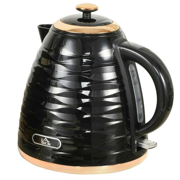 Black electric rapid-boil kettle with honeycomb swirl pattern and copper accents