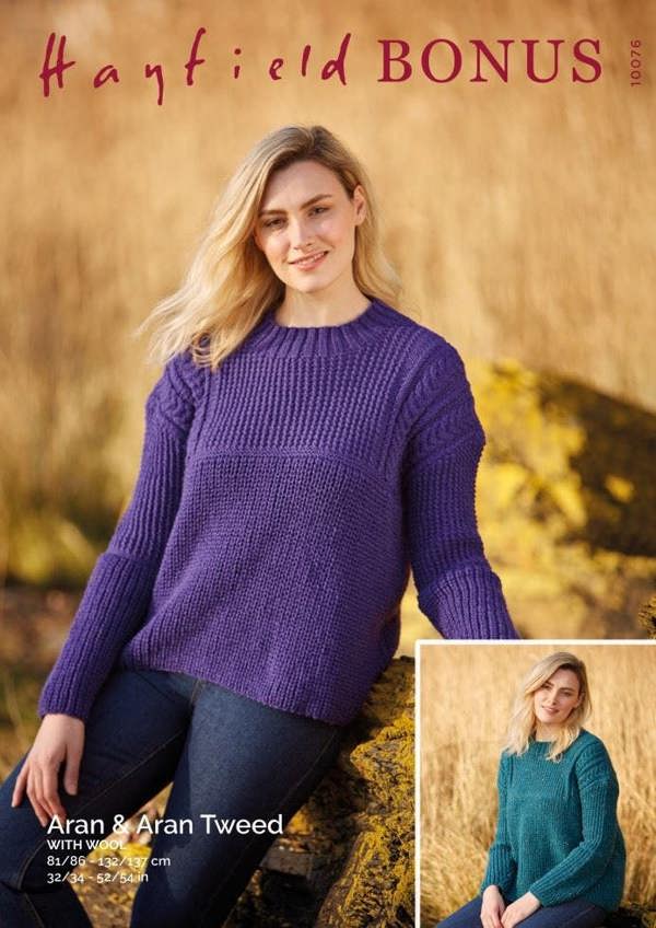 Hayfield Bonus Aran & Bonus Aran Tweed Knitting Pattern 10076, Sweaters for Women, 32 - 54 Inches