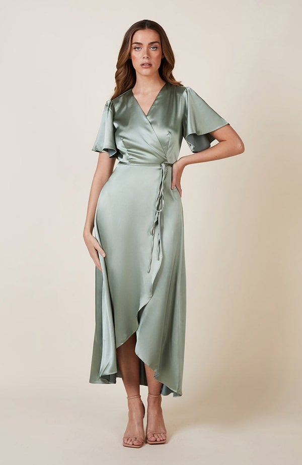 Rewritten London Florence Waterfall Dress in Sage Green Satin
