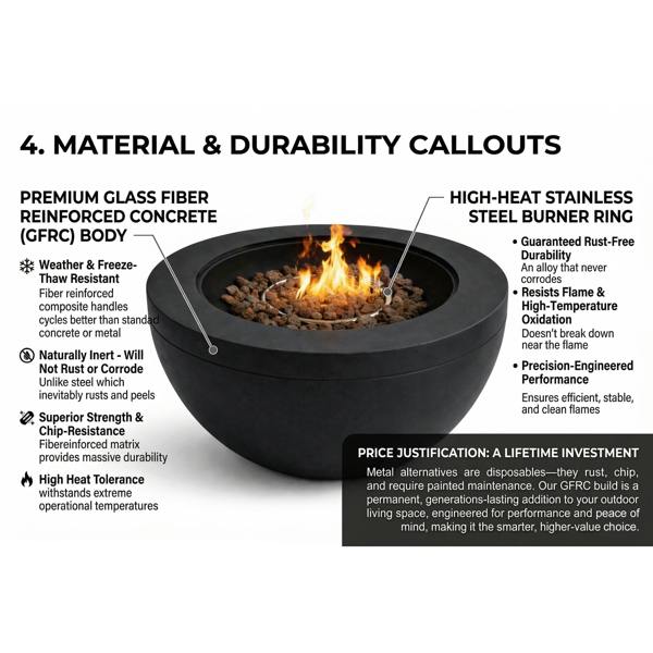 MDA Designs TABITI Black Gas Fire Pit for Garden & Patio - Luxurious Eco-Stone Finish Outdoor Heater Fire Pit