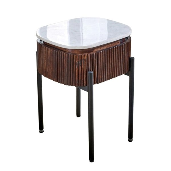 IH Design Miel Mango Wood Bedside Table With Marble Top & Metal Legs