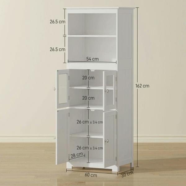 White cabinet with doors open, showing adjustable shelves and enclosed storage compartments