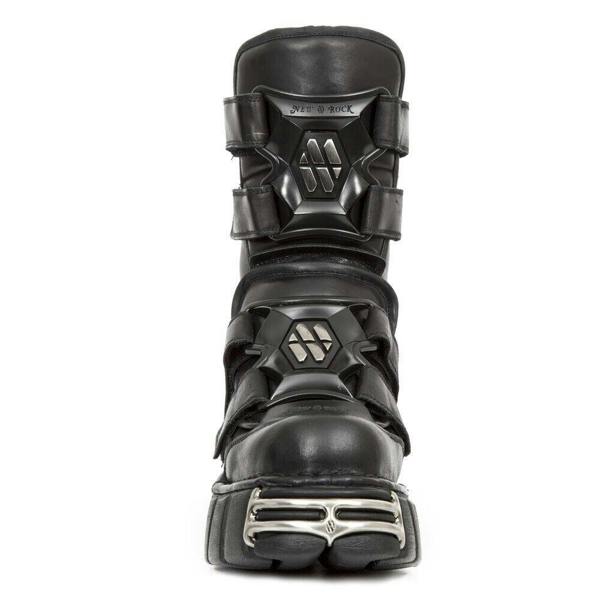 New Rock Punk Mid Calf Black Leather Boots-M-422-S1