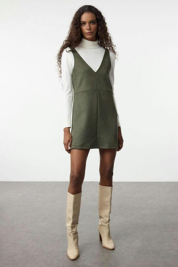 WOVCOR V-Neck Vest Suede Mini Knit Dress