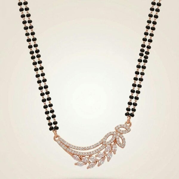 The Colourful Aura Rose Gold CZ Crystal Wing Leaf Mangalsutra Black Bead Necklace