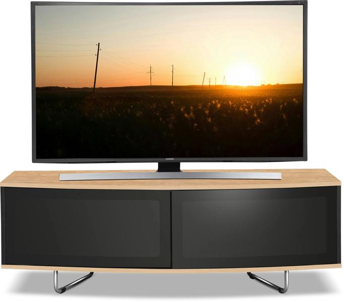 Homeology Caru Gloss Black and Gloss Oak Beam-Thru Remote Friendly Super-Contemporary "D" Shape Design 32"-65" LED/OLED/LCD TV Cabinet