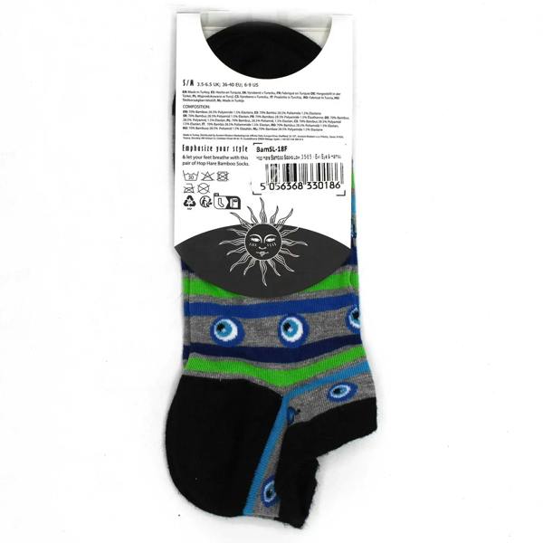Low-cut black bamboo socks with sun-and-eye graphic, blue-green striped cuff